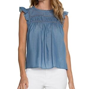 LIVERPOOL LOS ANGELES Chambray Openwork Detail Flutter Sleeve Top Large